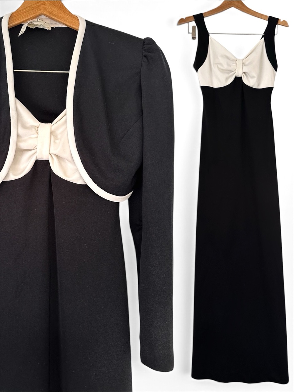 Vintage Lori Jrs Ltd Elegant Black & Cream Bow-Detail Maxi Dress With Shrug